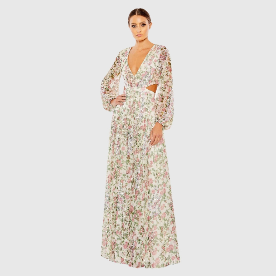Mac Duggal Gown - White Mufloral Long Sleeve Maxi Dress